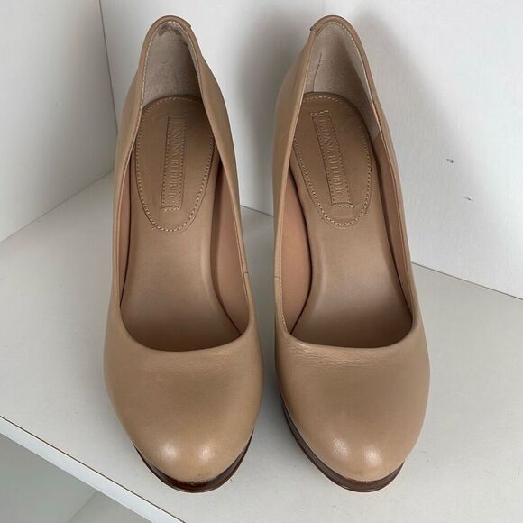 Nude Leather Stacked Wood Platform Heels 7.5 - Picture 3 of 12